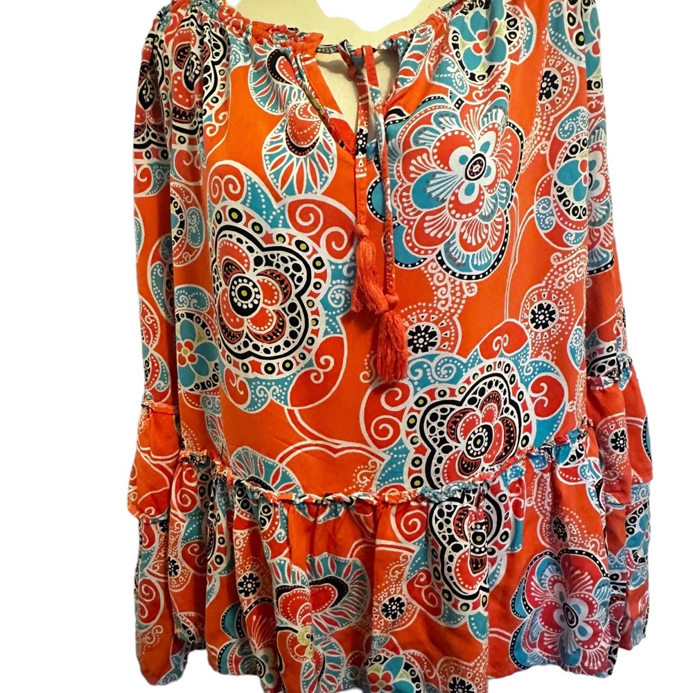 Crown & Ivy Top  XL Coral Turquoise White Bell Sleeve Neck Tie Rayon Blouse